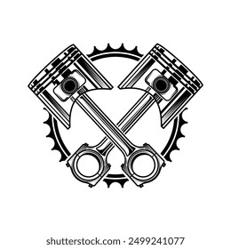 Crossed Piston and Gear Vector Isolated on White. 2 Pistons and Gear for Garage Logo Concept. Gear and Crossed Pistons Isolated.