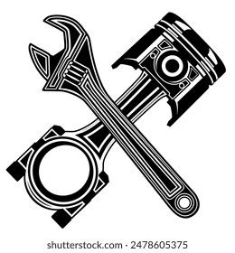 Crossed pistons and Adjustable wrench icon. mechanical car engine symbol design vector illustration