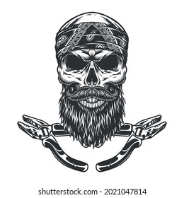Crossed pliers and skull in bandana with beard and mustache in monochrome vintage style isolated vector illustration
