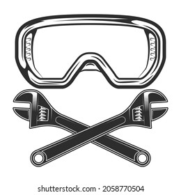 Crossed plumbing wrench with new construction builder safety glasses vintage concept vector illustration isolated on white background