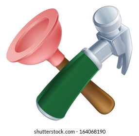 Crossed plunger and hammer tools icon of cartoon tools crossed, construction or DIY or service concept