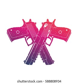 crossed powerful pistols, two handguns on white