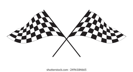 Crossed race flags with checkered black and white print. Start or finish symbols on sport car competitions. Rally or motocross props. Victory, trophy or success symbols. Vector flat illustration.