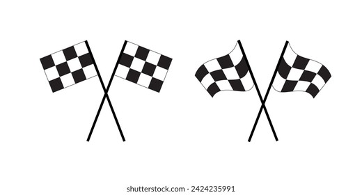 Crossed race flags icons. Start and finish sport car competition banners with checkered black and white squares pattern. Motocross, rally, auto marathon championship signs. Vector flat illustration