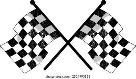 Banderas de carreras cruzadas. Banderas raídas en blanco y negro, elegantes banderas rizadas a cuadros.