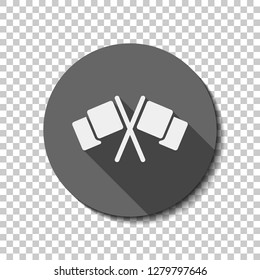 Crossed racing flags, start or finish, icon. flat icon, long shadow, circle, transparent grid. Badge or sticker style