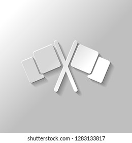 Crossed racing flags, start or finish, icon. Paper style with shadow on gray background