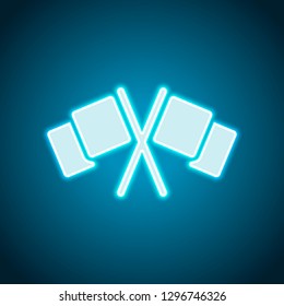 Crossed racing flags, start or finish, icon. Neon style. Light decoration icon. Bright electric symbol
