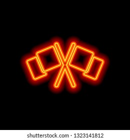 Crossed racing flags, start or finish, icon. Orange neon style on black background. Light icon