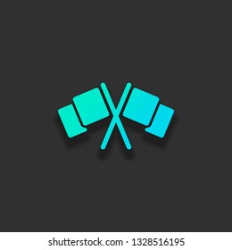 Crossed racing flags, start or finish, icon. Colorful logo concept with soft shadow on dark background. Icon color of azure ocean