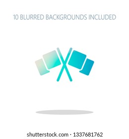 Crossed racing flags, start or finish, icon. Colorful logo concept with simple shadow on white. 10 different blurred backgrounds included