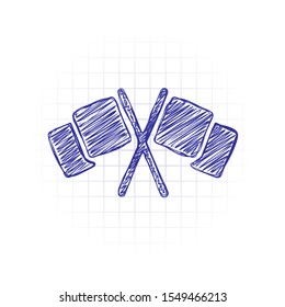 Crossed racing flags, start or finish, icon. Hand drawn sketched picture with scribble fill. Blue ink. Doodle on white background