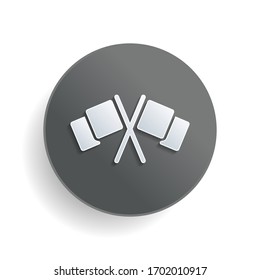 Crossed racing flags, start or finish, icon. White paper symbol on gray round button or badge with shadow