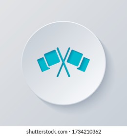 Crossed racing flags, start or finish, icon. Cut circle with gray and blue layers. Paper style