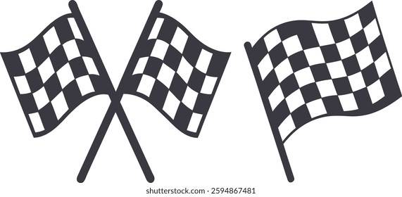 Crossed racing flags vector art, Race Flag silhouette, Hand drawn waving flags with checkered graphic icons isolated