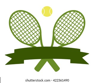 Crossed Racket And Tennis Ball Logo Design Green Label. Vector Illustration Isolated On White