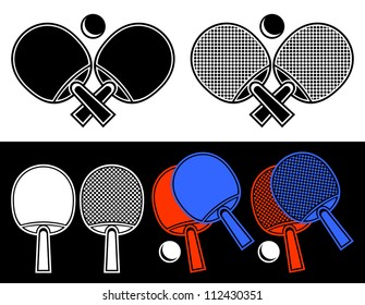 The crossed rackets for table tennis form an emblem. The composition is on a white background. Different rackets for table tennis on a black background.