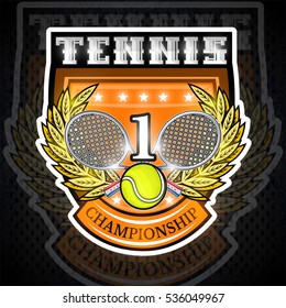 Crossed rackets with tennis ball and number one in the middle of golden wreath on the shield. Vector sport logo isolated for any team or competition