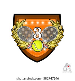 Crossed rackets with tennis ball and number three in the middle of golden wreath on the shield. Vector sport logo for any team or competition isolated white