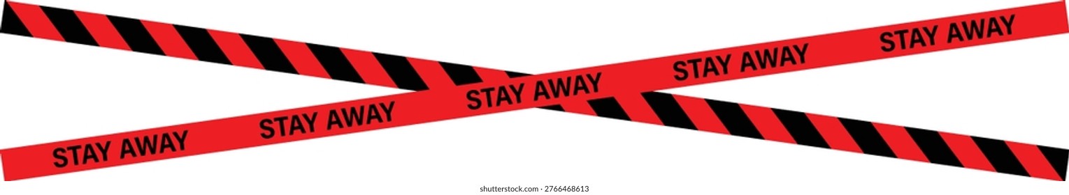 Crossed red and black caution tape vector illustration featuring stay away warning text elements.