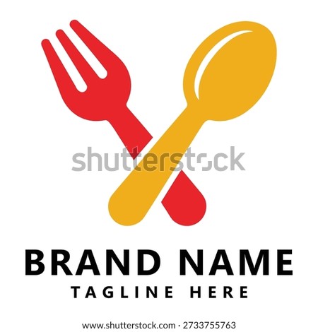 Crossed red fork and yellow spoon with sample brand text on white background icon
