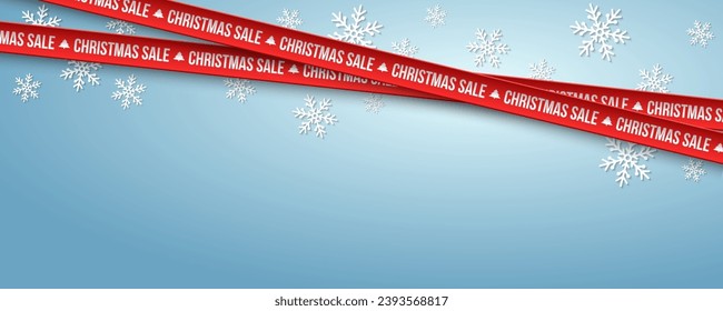 Crossed red ribbons with paper snowflakes for big Christmas sale on blue background. Festive business banner design. Vector illustration. EPS 10.