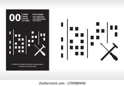 crossed repair tools and city at night, vector flyer template 