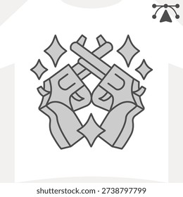 Crossed revolvers isometric icon, weapons concept. Vector graphics. Two shining revolvers, pistols and stars sign and editable stroke, outline style icon for mobile or web design