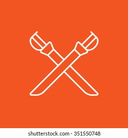 Überkreuzte Säbelliniensymbol für Web-, Mobil- und Infografiken. Vektorweißes Symbol einzeln auf rotem Hintergrund.