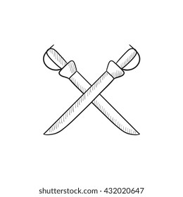 Icono de esbozo vectorial de sable cruzado aislado en el fondo. Icono de sable cruzado dibujado a mano. Icono de esbozo de sable cruzado para infografía, sitio web o aplicación.