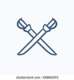 Crossed Säbelvektorskizze Symbol einzeln auf Hintergrund. Handgezeichnetes Säbelsymbol. Bildschwert-Symbol für Infografik, Website oder App.