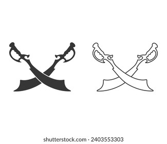 Crossed sabers, dadao bold  silhouette line icon set. Swords, kindjal dagger pictogram, logo. Kirpans, pirate hijacking of ship symbol, blade 