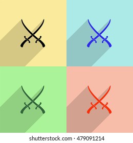 Crossed sabers vector icon - colored set with long  shadow
