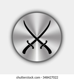 crossed sabers vector icon on round metallic button