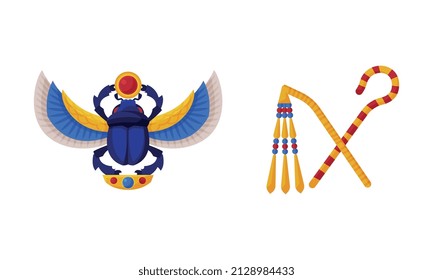 Crossed Sceptre with Whip and Scarab Beetle as Ancient Egyptian Symbol of Power Vector Set