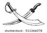 Crossed scimitar. sword and saber. Vector illustration in ink hand drawn style.