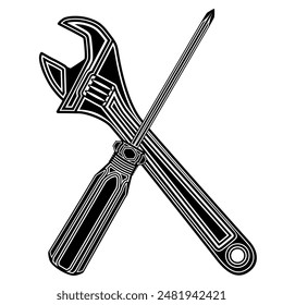 destornillador cruzado e icono ajustable. Ilustración vectorial de diseño vintage de la llave de mantenimiento