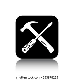 crossed screwdriver and hammer vector icon on black button with reflection