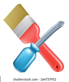 Crossed screwdriver and paintbrush tools icon of cartoon tools crossed, construction or DIY or service concept