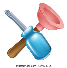 Crossed screwdriver and plunger tools icon of cartoon tools crossed, construction or DIY or service concept