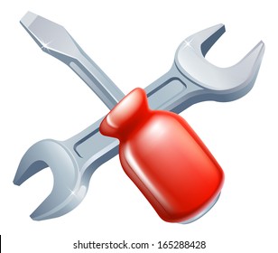 Crossed screwdriver and spanner tools icon of cartoon tools crossed, construction or DIY or service concept