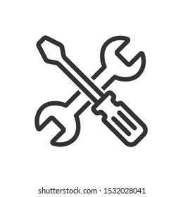 Crossed screwdriver and wrench icon, Spanner and flathead outline, Repair symbol