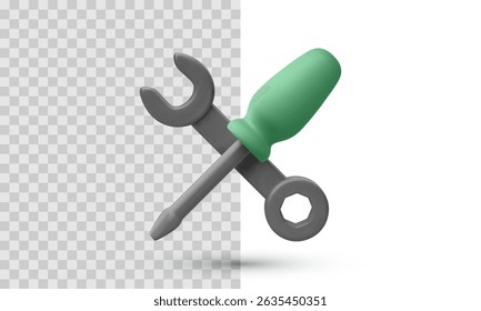 Crossed Screwdriver And Wrench In Realistic 3D Style, Symbolizing Settings, Tools, Or Repair Functions. Clean Vector Illustration For Technical, Maintenance, Or Construction Concepts.