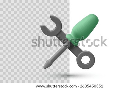 Crossed Screwdriver And Wrench In Realistic 3D Style, Symbolizing Settings, Tools, Or Repair Functions. Clean Vector Illustration For Technical, Maintenance, Or Construction Concepts.