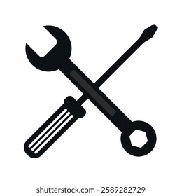 Crossed screwdriver and wrench tool icons in black and white, symbolizing mechanical repair, maintenance, and fixing