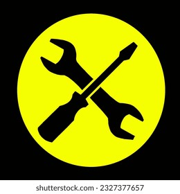 crossed screwdriver and wrench vector design on yellow background this design is very suitable to be used as a logo for a repair shop or as a symbol for a machine or vehicle repair shop