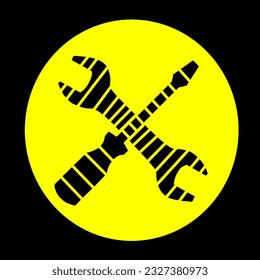 Kreuzschrauber und französische Vektorgrafik mit gestrichelter Linie und gelbem Hintergrund Dieses Design eignet sich hervorragend für die Verwendung als Logo für eine Werkstatt oder als Symbol für eine Reparatur von Maschinen oder Fahrzeugen
