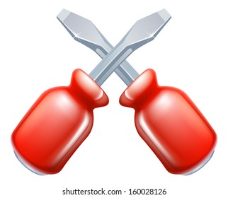 Crossed screwdrivers icon of cartoon tools crossed, construction or DIY or service concept