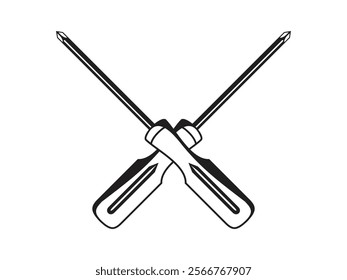 Crossed screwdrivers illustration - black and white tool icon for carpentry and repairs designs