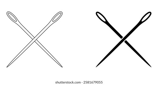 Crossed sewing needles vector icon set. Tailoring and embroidery tools. Black outline silhouette isolated on white background.